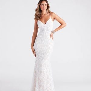 White formal dress, wedding dress, rehearsal dress, party dress. Windsor